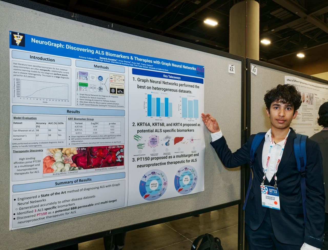 Samarth Dunakhe standing beside the NeuroGraph research poster at the American Junior Academy of Science in Phoenix