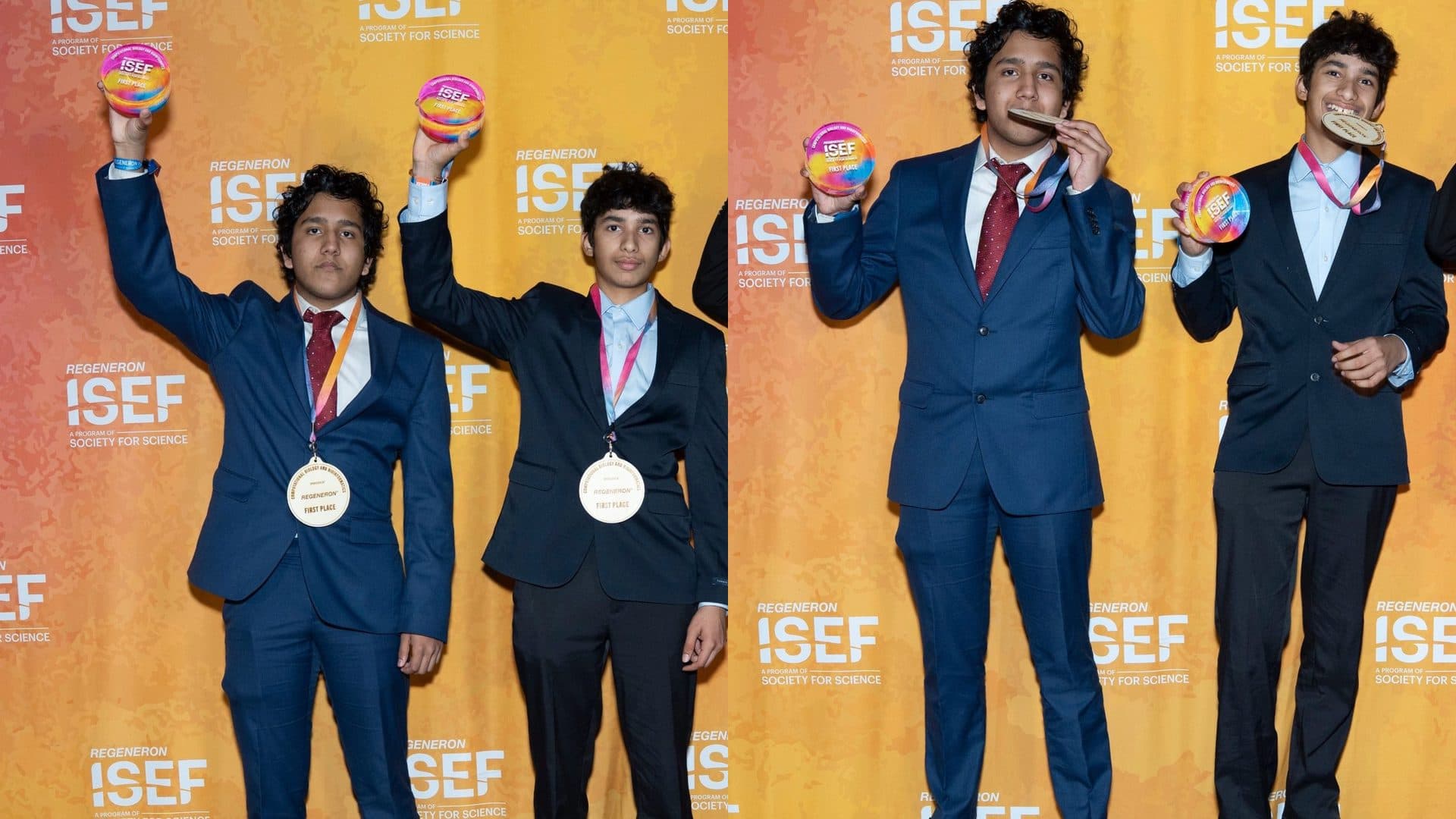 Aryav Das and Samarth Dunakhe with their first place medals and Regeneron ISEF trophies at the awards ceremony